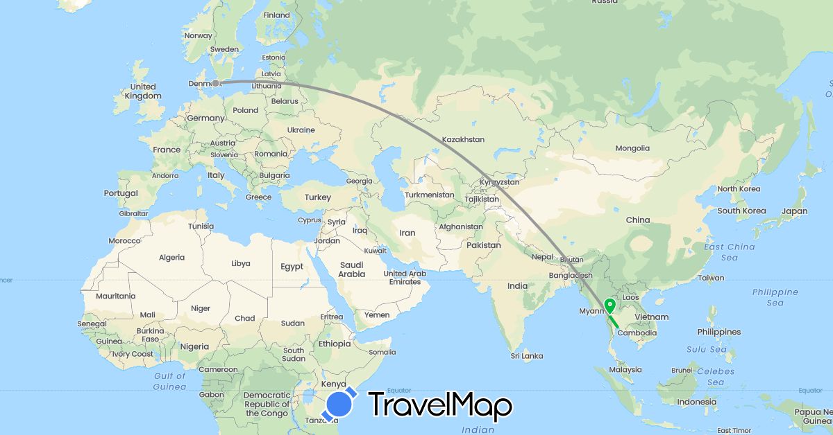 TravelMap itinerary: driving, bus, plane in Denmark, Thailand (Asia, Europe)